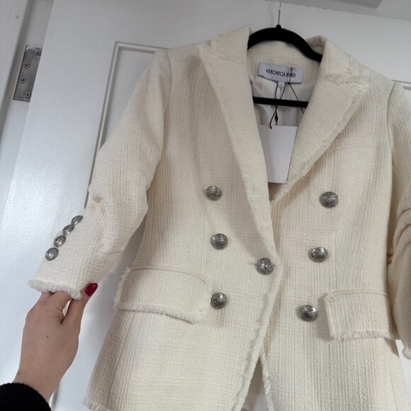 NWT Veronica Beard Tweed Blazer Jacket White Cinched Sleeves Fray Hem Sz 4 - Picture 5 of 7